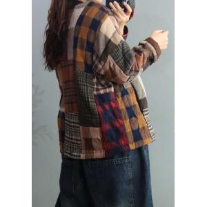 Loose-Fitting Quilted Jacket Cotton Linen Plaid Puffer