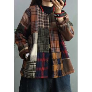 Loose-Fitting Quilted Jacket Cotton Linen Plaid Puffer