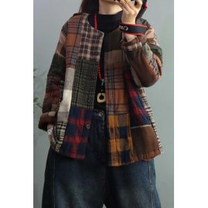 Loose-Fitting Quilted Jacket Cotton Linen Plaid Puffer