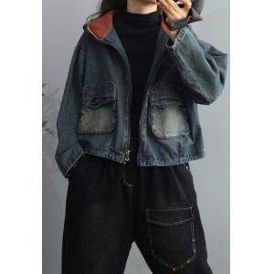 Colored Hooded Jackets Womens Front Zip Short Denim Jacket