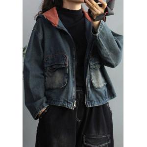 Colored Hooded Jackets Womens Front Zip Short Denim Jacket