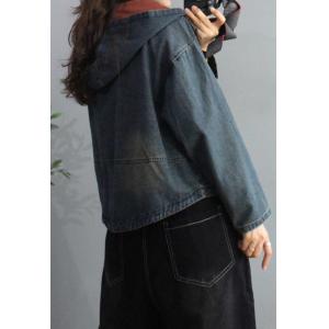 Colored Hooded Jackets Womens Front Zip Short Denim Jacket