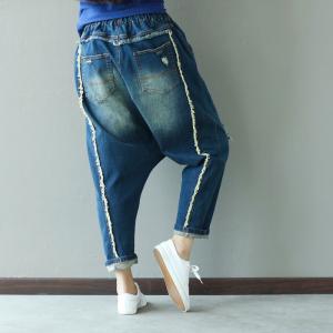 Street Fashion Rose Embroidery Harem Pants Loose Ripped Jeans