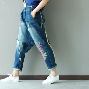 Street Fashion Rose Embroidery Harem Pants Loose Ripped Jeans