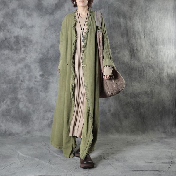 Frog Button Long Fringed Cardigan Green Flax Clothing