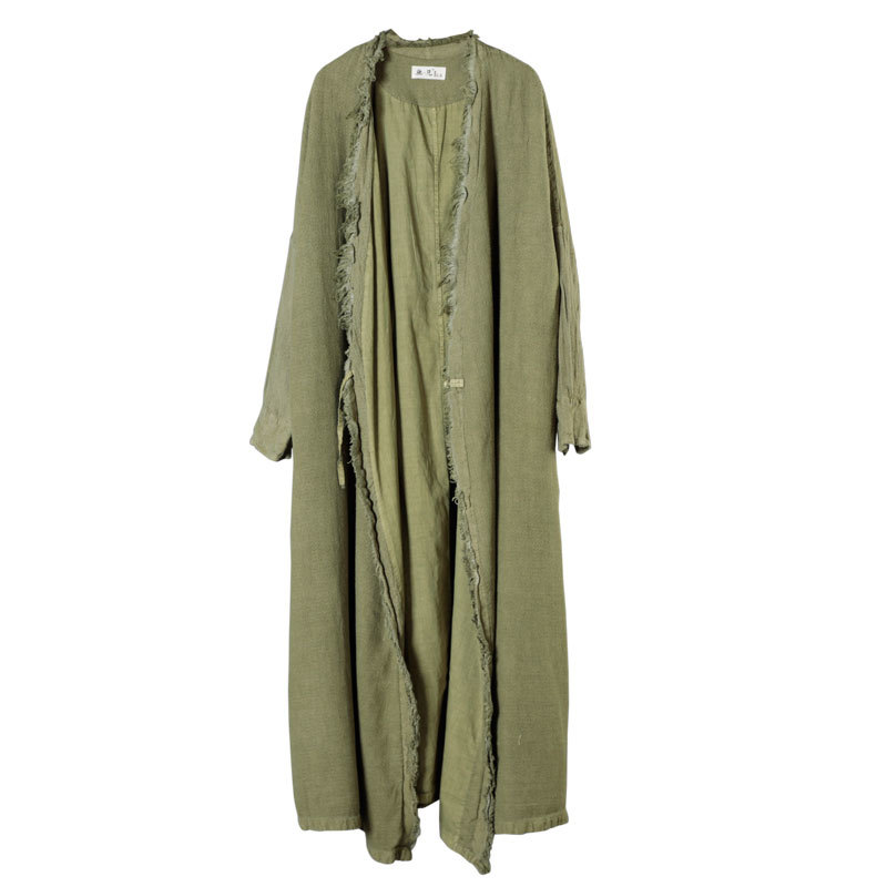 Frog Button Long Fringed Cardigan Green Flax Clothing in Light Green ...