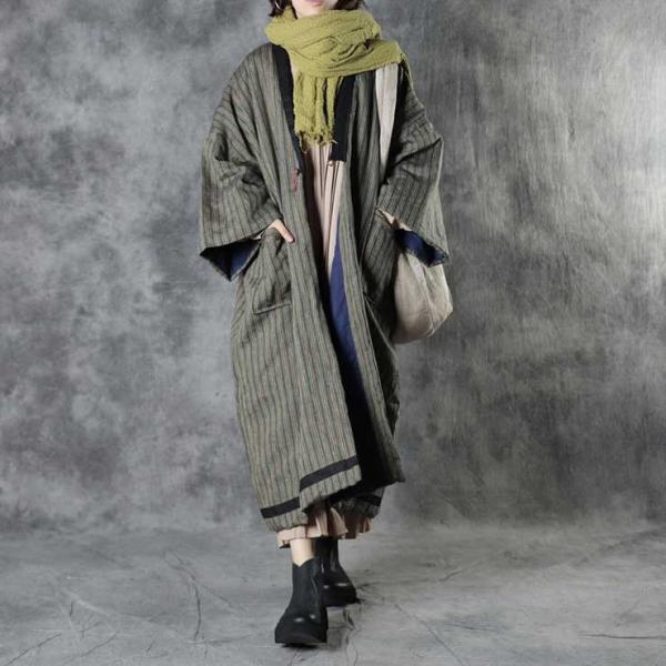 Vertical Striped Green Quilted Coat Plus Size Japanese Yukata Coat
