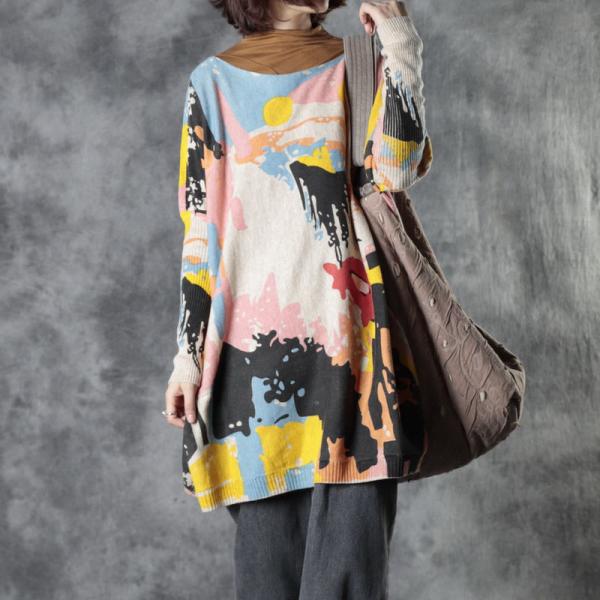 Colorful Abstract Prints Tunic Sweater Oversized Resort Wear