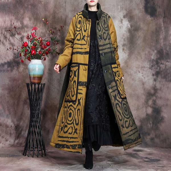 Vintage Totem Pattern Quilted Coat Wool Blend Puffer