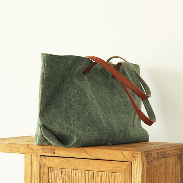Preppy Style Dark Green Tote Cotton Linen Shoulder Bag