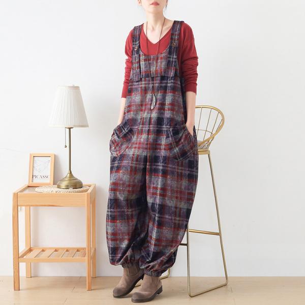 Scotland Red Tartan Overalls Baggy Tweed One-Piece Pants