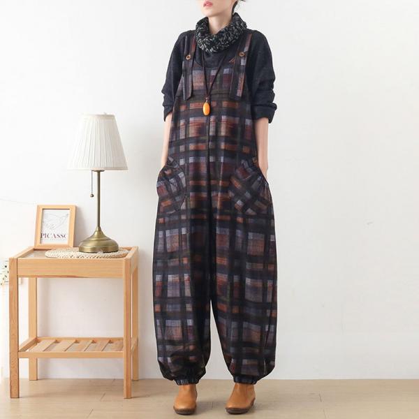 Baggy-Fit Fluffy Tweed Dungarees Gingham Overalls for Senior Women