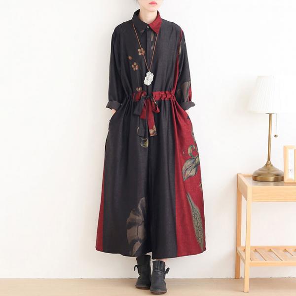 Over50 Style Silky Drawstring Dress Printed Plus Size Trench Coat