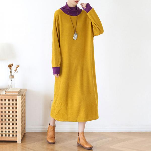 Loose-Fit Contrast Color Sweater Dress Midi Turtleneck Dress