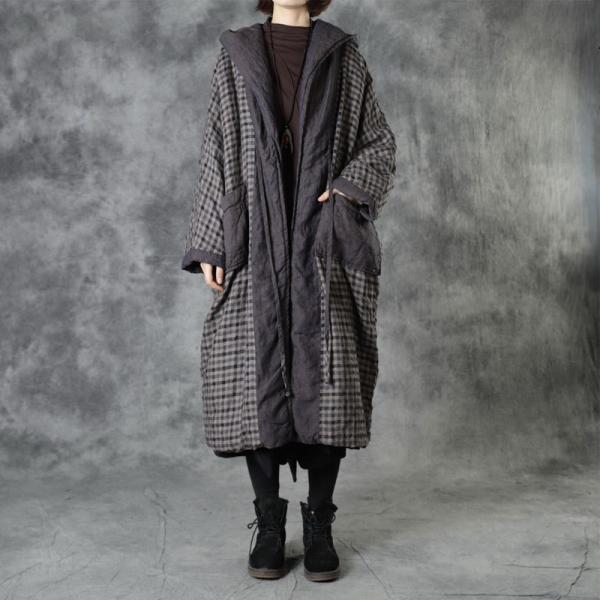 Chinese Fashion Linen Checkered Coat Quilted Hooded Wrap Coat in