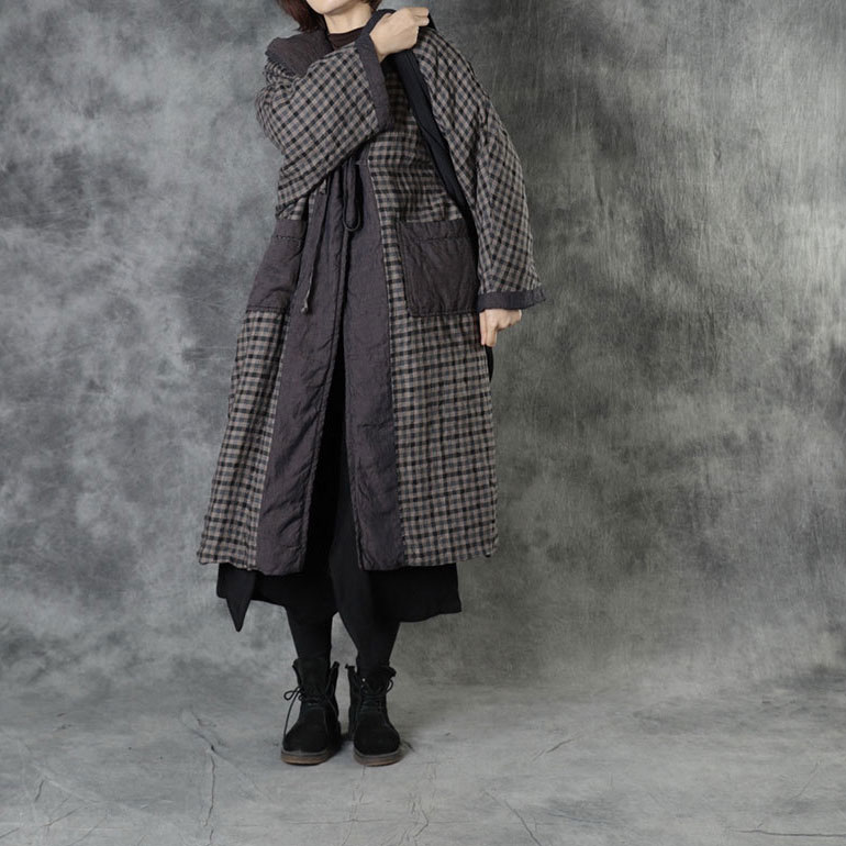 Chinese Fashion Linen Checkered Coat Quilted Hooded Wrap Coat in Plaid ...