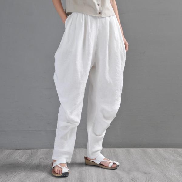 Loose White Carrot Pants Comfy Linen Yoga Tapered Pants