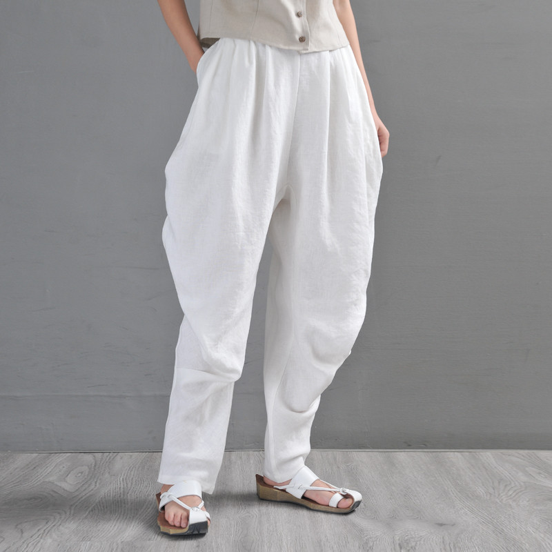 Loose White Carrot Pants Comfy Linen Yoga Tapered Pants in Beige White ...