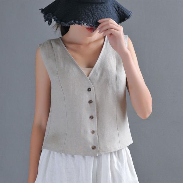 V-Neck Linen Waistcoat Button Down Plain Vest