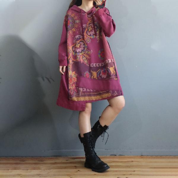 Asymmetrical Printed Hooded Dress Cotton Large Folk Dress