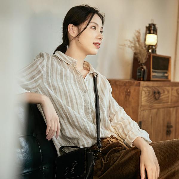 Leisure Style Vertical Striped Blouse Loose Linen Korean Blouse