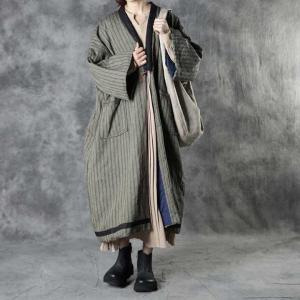 Vertical Striped Green Quilted Coat Plus Size Japanese Yukata Coat