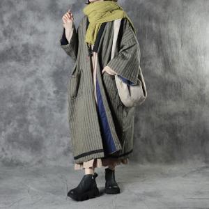 Vertical Striped Green Quilted Coat Plus Size Japanese Yukata Coat