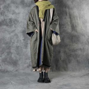 Vertical Striped Green Quilted Coat Plus Size Japanese Yukata Coat