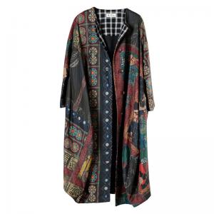 Ethnic Patterns Linen Quilted Coat Plus Size Cocoon Puffer for Senior Women