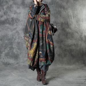 Ethnic Patterns Linen Quilted Coat Plus Size Cocoon Puffer for Senior Women