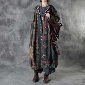 Ethnic Patterns Linen Quilted Coat Plus Size Cocoon Puffer for Senior Women