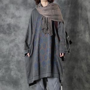 Large Size Dark Gray Long Sweatshirt Cotton Printed Pullover Hoodie