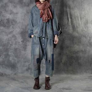 Street Style Patchwork Denim Pants Button Fly Harem Jeans