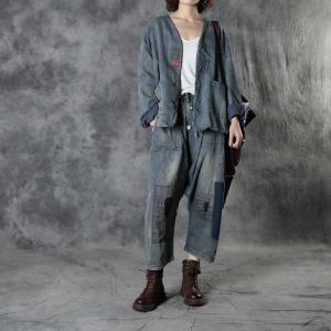 Street Style Patchwork Denim Pants Button Fly Harem Jeans