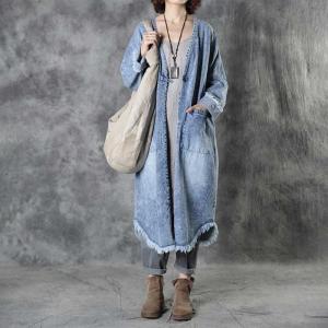 Raw Hem Stonewash Jean Coat Chinese Button Denim Embroidered Blouse