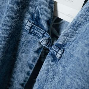 Raw Hem Stonewash Jean Coat Chinese Button Denim Embroidered Blouse