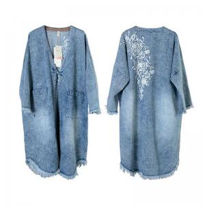 Raw Hem Stonewash Jean Coat Chinese Button Denim Embroidered Blouse