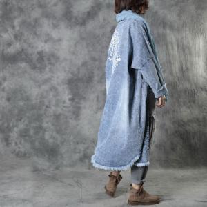 Raw Hem Stonewash Jean Coat Chinese Button Denim Embroidered Blouse