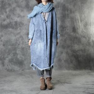 Raw Hem Stonewash Jean Coat Chinese Button Denim Embroidered Blouse