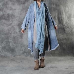 Raw Hem Stonewash Jean Coat Chinese Button Denim Embroidered Blouse