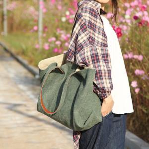 Preppy Style Dark Green Tote Cotton Linen Shoulder Bag