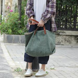 Preppy Style Dark Green Tote Cotton Linen Shoulder Bag