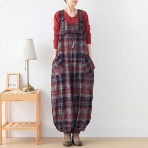 Scotland Red Tartan Overalls Baggy Tweed One-Piece Pants