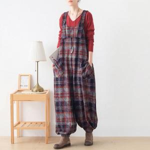 Scotland Red Tartan Overalls Baggy Tweed One-Piece Pants