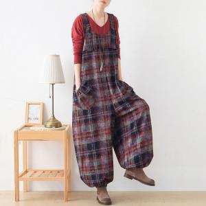 Scotland Red Tartan Overalls Baggy Tweed One-Piece Pants