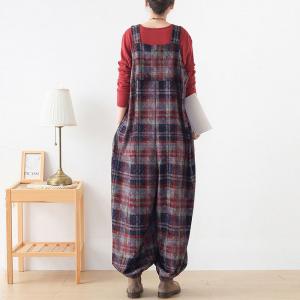 Scotland Red Tartan Overalls Baggy Tweed One-Piece Pants