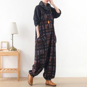Baggy-Fit Fluffy Tweed Dungarees Gingham Overalls for Senior Women
