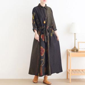 Over50 Style Silky Drawstring Dress Printed Plus Size Trench Coat