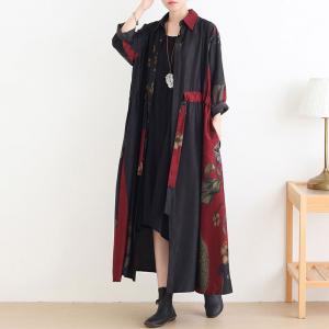 Over50 Style Silky Drawstring Dress Printed Plus Size Trench Coat