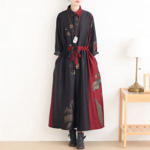 Over50 Style Silky Drawstring Dress Printed Plus Size Trench Coat